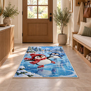 Ice Skating Penguin Rug in an entryway with a wooden door and bench