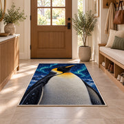 Emperor Penguin Rug in an entryway with a wooden door and bench
