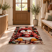Hot Cocoa Penguin Rug in an entryway with a wooden door and bench