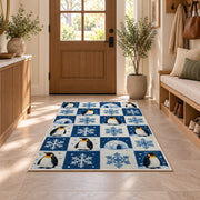 Penguin Checkered Rug in an entryway with a wooden door and bench