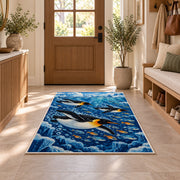 Underwater Penguin Rug in an entryway with a wooden door and bench