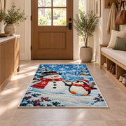 Snowman and Penguin Rug in an entryway with a wooden door and bench