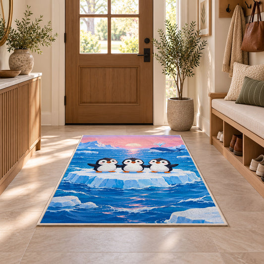 Penguins on Iceberg Rug in an entryway with a wooden door and bench