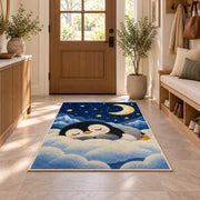 Sleeping Baby Penguin Rug in an entryway with a wooden door and bench