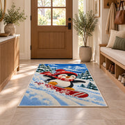 Snowboarding Penguin Rug in an entryway with a wooden door and bench