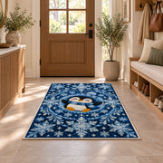 Snowflake Mandala Penguin Rug in an entryway with a wooden door and bench