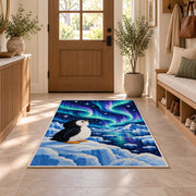 Aurora Penguin Rug in an entryway with a wooden door and bench