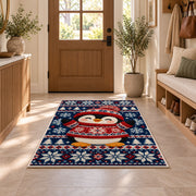 Nordic Sweater Penguin Rug in an entryway with a wooden door and bench