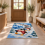 Penguin Parade Rug in an entryway with a wooden door and bench