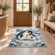 Mother and Baby Penguin Rug in an entryway with a wooden door and bench