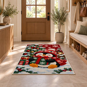 Christmas Penguin Rug in an entryway with a wooden door and bench