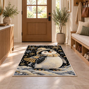 Elegant Penguin Rug in an entryway with a wooden door and bench