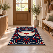 Vintage Nurse Cap Rug in an entryway with a wooden door and bench