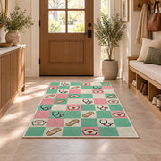 Retro Checkered Nurse Rug in an entryway with a wooden door and bench