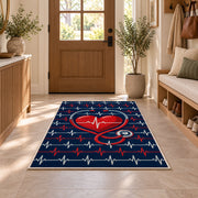 Heartbeat Stethoscope Rug in an entryway with a wooden door and bench
