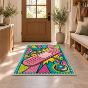 Pop Art Bandage Rug in an entryway with a wooden door and bench