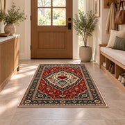 Persian Style Nurse Rug in an entryway with a wooden door and bench