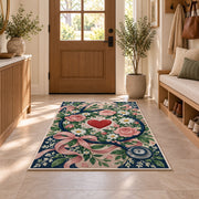 Floral Stethoscope Rug in an entryway with a wooden door and bench