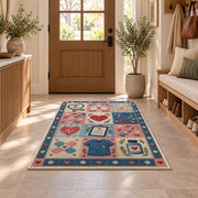 Nurse Patchwork Rug in an entryway with a wooden door and bench
