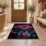 Neon Heartbeat Rug in an entryway with a wooden door and bench