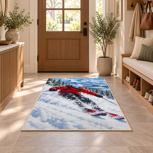 Downhill skier rug in an entryway with a wooden door and bench