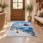 Alpine gondola rug in an entryway with a wooden door and bench