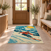 Vintage ski poster rug in an entryway with a wooden door and bench