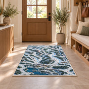 Ski resort trail map rug in an entryway with a wooden door and bench