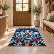 Crossed skis emblem rug in an entryway with a wooden door and bench