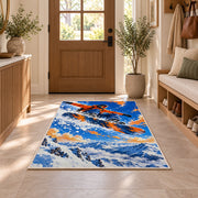 Snowboarder jump rug in an entryway with a wooden door and bench