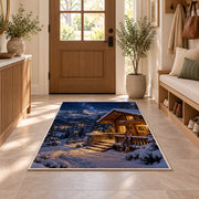 Ski cabin at night rug in an entryway with a wooden door and bench