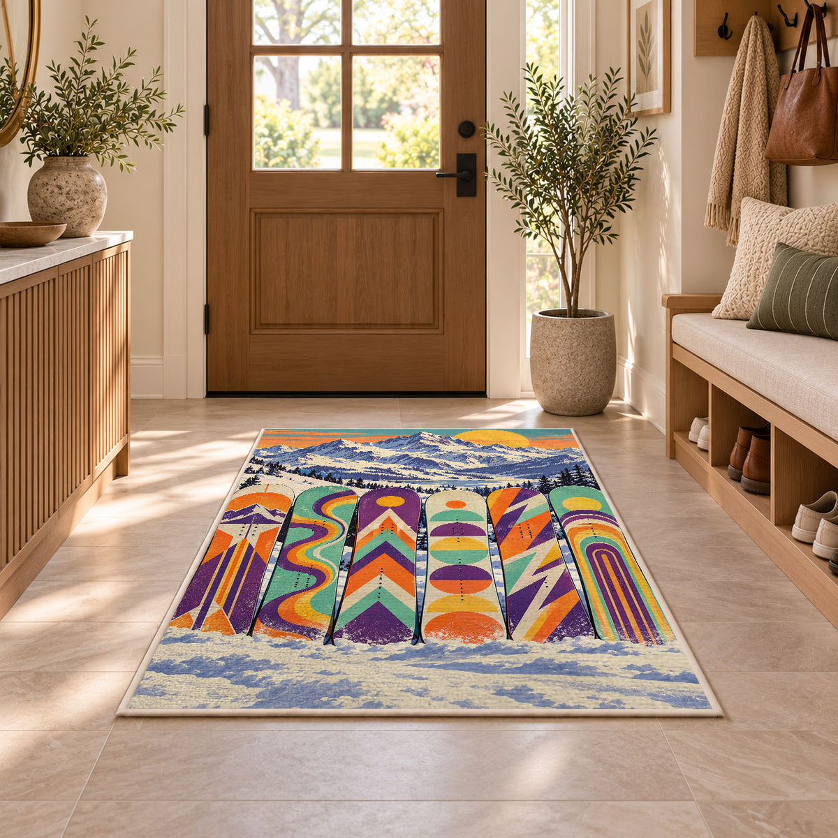 Retro snowboards rug in an entryway with a wooden door and bench