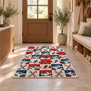 Checkered ski rug in an entryway with a wooden door and bench