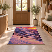 Sunset ski slope rug in an entryway with a wooden door and bench