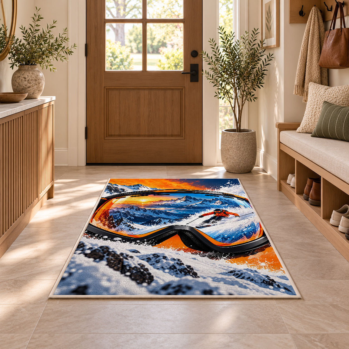 Ski goggles reflection rug in an entryway with a wooden door and bench