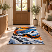 Ski goggles reflection rug in an entryway with a wooden door and bench