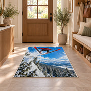 Ski jumper rug in an entryway with a wooden door and bench