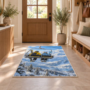 Chairlift skiers rug in an entryway with a wooden door and bench