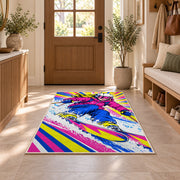 Pop art skier rug in an entryway with a wooden door and bench