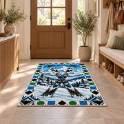 Trail difficulty symbols rug in an entryway with a wooden door and bench