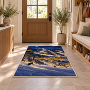 Night skiing resort rug in an entryway with a wooden door and bench