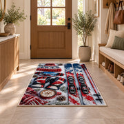 Ski gear flat lay rug in an entryway with a wooden door and bench
