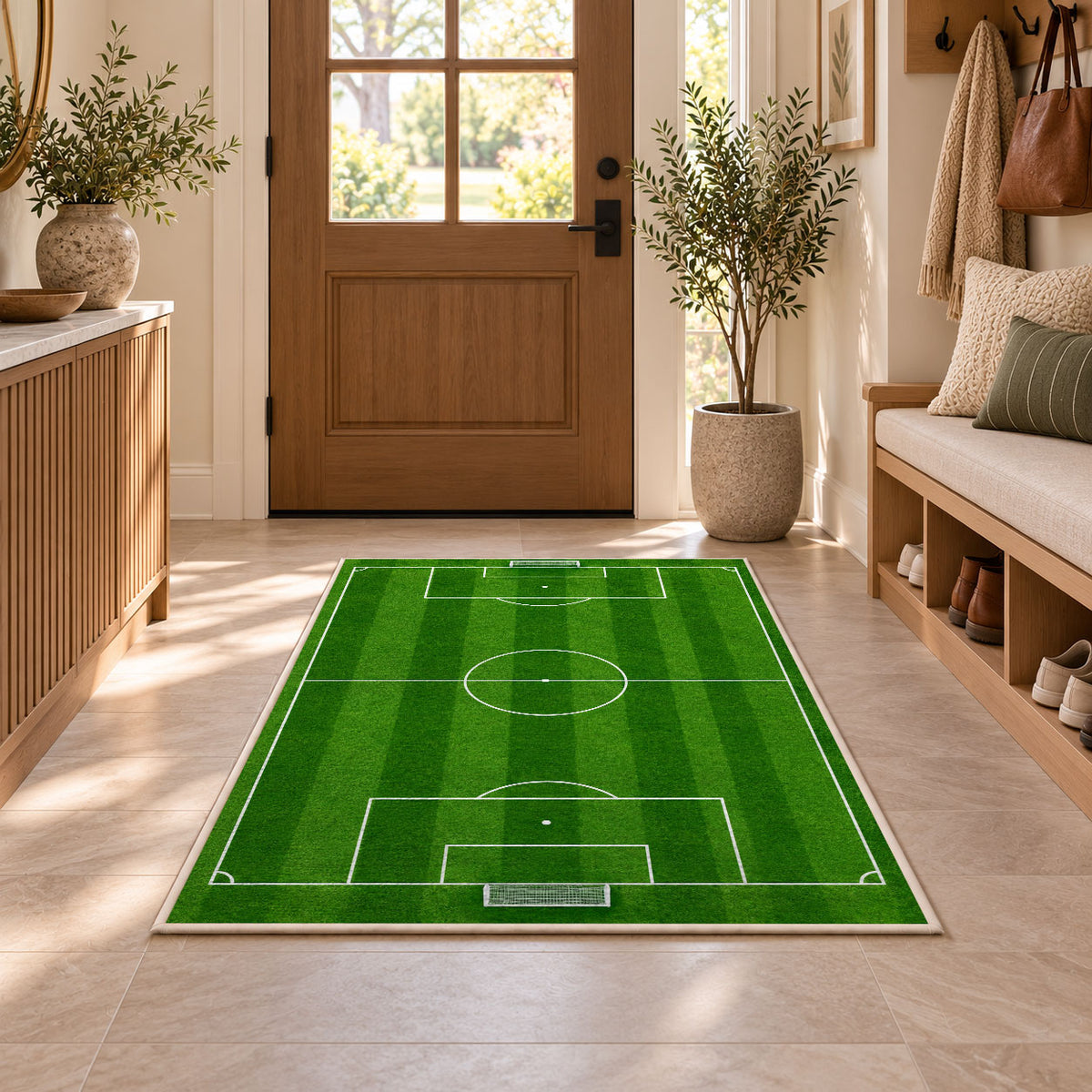 soccer field top view rug in an entryway with a wooden door and bench