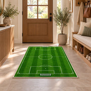 soccer field top view rug in an entryway with a wooden door and bench