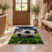 classic soccer ball under stadium lights rug in an entryway with a wooden door and bench