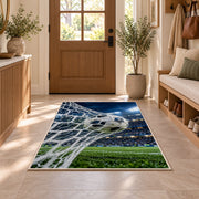soccer ball hitting the net rug in an entryway with a wooden door and bench