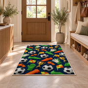 soccer gear pattern rug in an entryway with a wooden door and bench