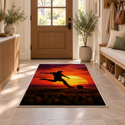 soccer player silhouette at sunset rug in an entryway with a wooden door and bench
