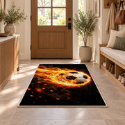 flaming soccer ball rug in an entryway with a wooden door and bench