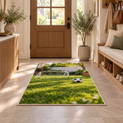 backyard soccer goal rug in an entryway with a wooden door and bench